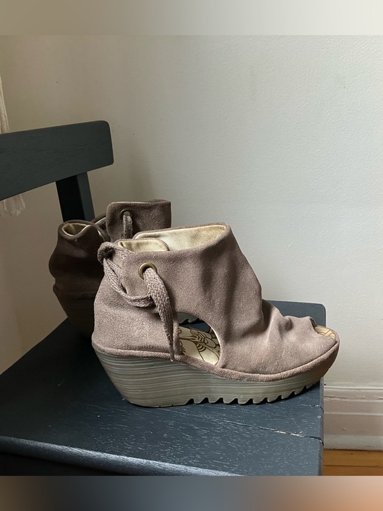 Fly London Shoes - Fly London Taupe Suede Peep-Toe Wedge Ankle Booties